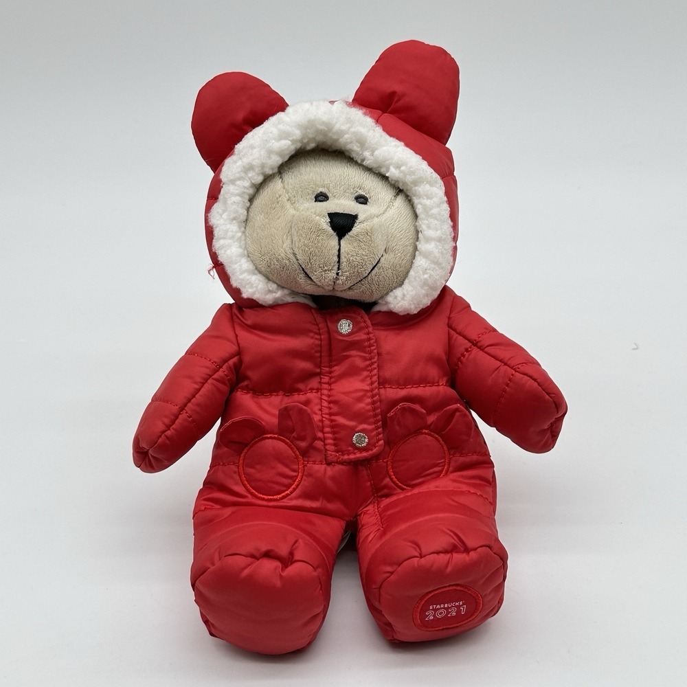 Starbucks Bearista Bear 2021 Plush Winter Red Puffy Snowsuit Coat Collectible